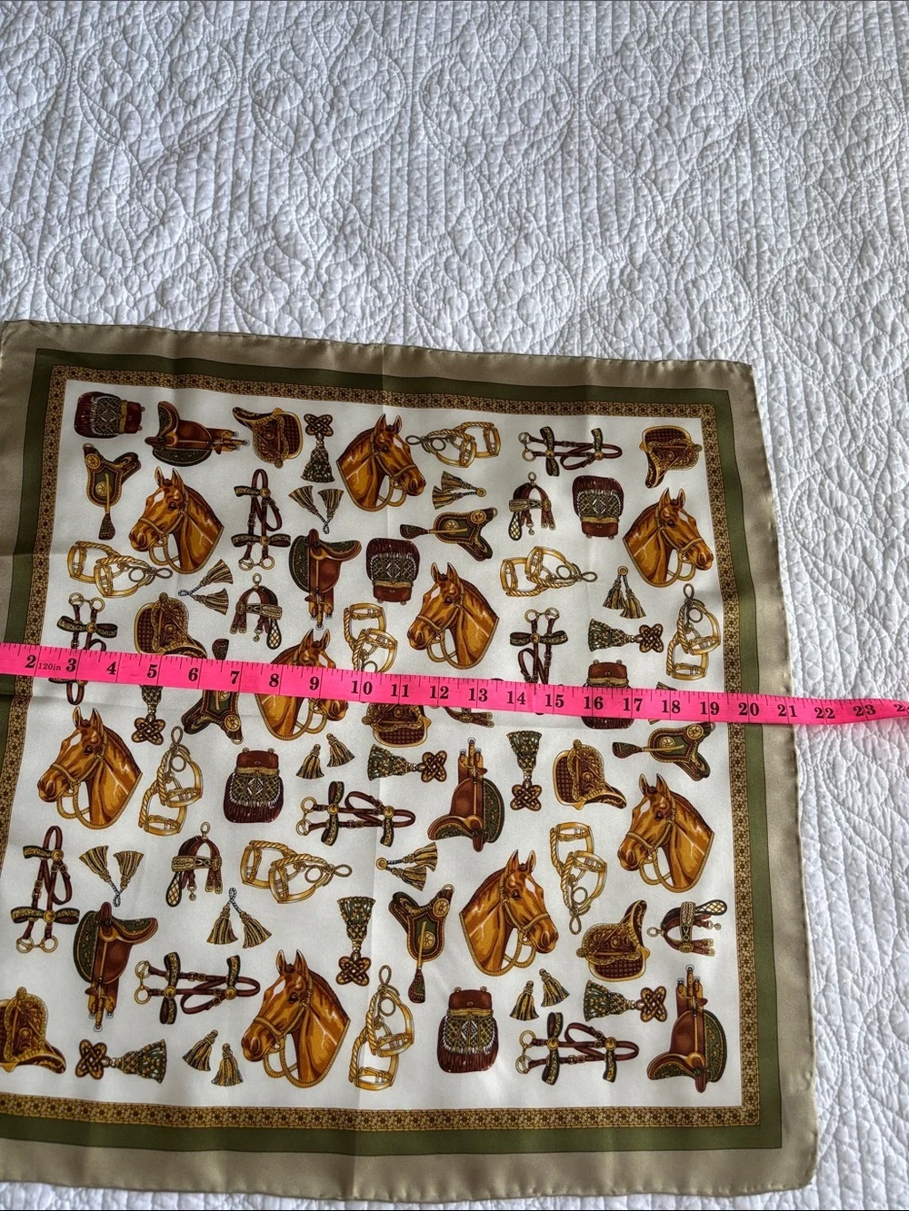 Unbranded Equestrian Motif Print Silk Scarf Ivory Gold & Olive Handmade